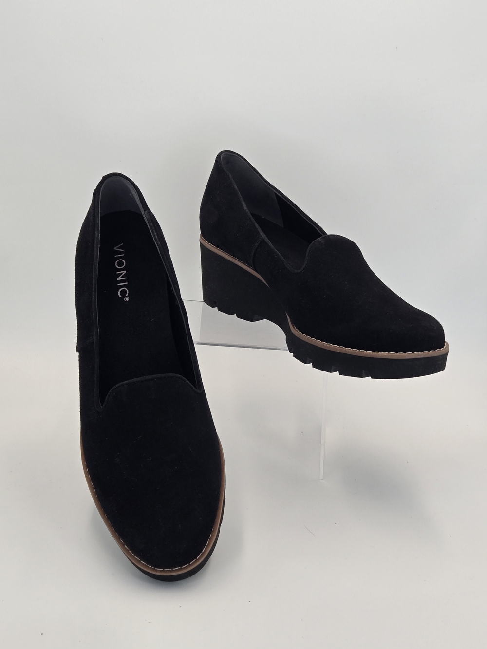 Vionic Willa Wedge Black Suede Platform Mules Women's Size 10 Brand New
